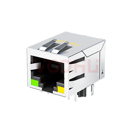 SYT111Q070EA2A1D 90&deg; 侧面插入 1*1 开口朝下 100/1000M  LED G/Y 带屏蔽带弹片 DIP RJ45