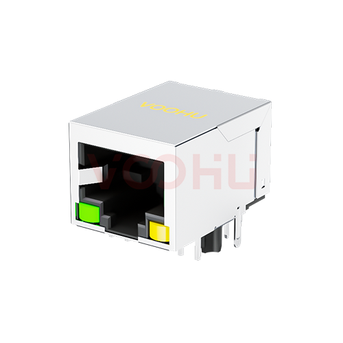 SYT111Q334AB2A2DP057 90&deg; 侧面插入 1*1 开口朝下 POE600mA G/Y 100/1000M DIP RJ45