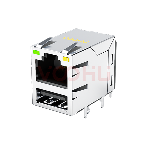 SYT611B101DB2WDA009  90&deg; 侧面插入 1*1  100BASE  LED G/Y DIP RJ45+USB2.0