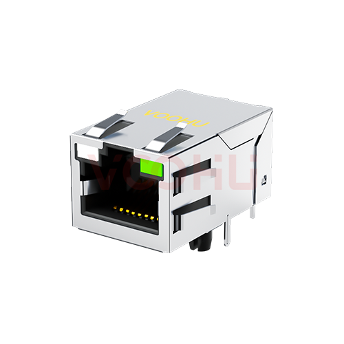 SYT311Q070DJ3A4DN 90&deg; 侧面插入 1*1 开口朝上 GY/G 100/1000M DIP RJ45