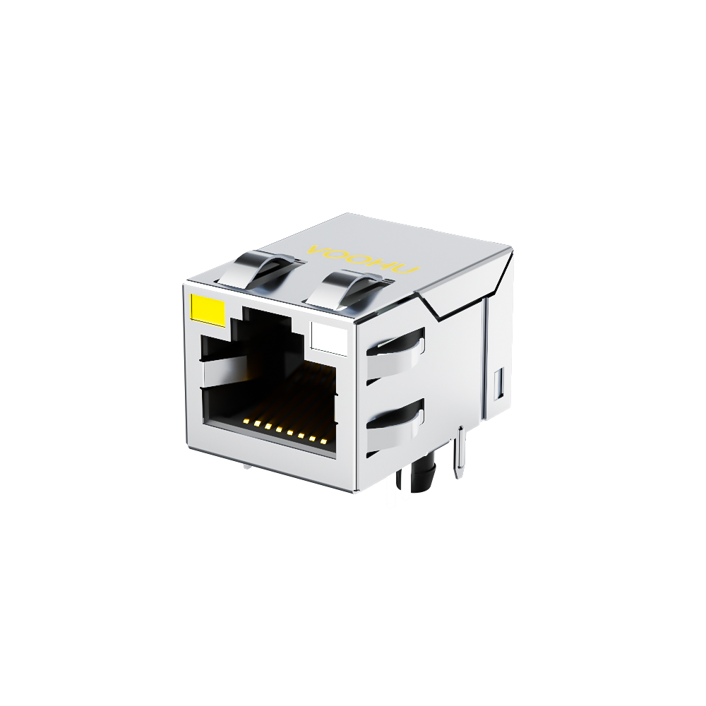 SYT211Q070FE5A4D 90&deg; 侧面插入 1*1 开口朝上 Y/GO 100/1000M 带屏蔽带弹片 DIP RJ45