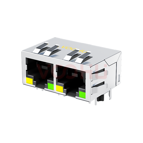 SYT112Q066DA1A1D 90&deg; 侧面插入 1*2  开口朝下 Y/G 1000BASE 带弹片 DIP RJ45