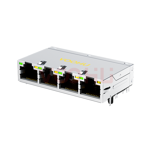 SYT414Q199DB2A2DPB057  POE+ 90&deg; 侧面插入 1*4 开口朝上 LED G/Y 1000BASE 带弹片 DIP RJ45