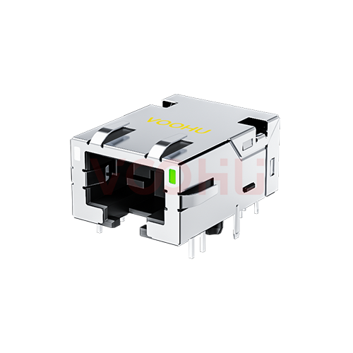 SYT1611Q671FN5A10DC1057(10G)  90&deg; 侧面插入 1*1 开口朝下 10G 有LED GY/G DIP RJ45（低高度）