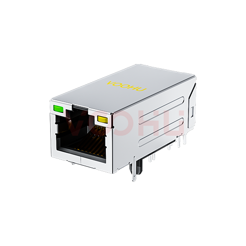 SYT411Q200AB2A2DPC057 90&deg; 侧面插入 1*1 开口朝上 POE720mA Y/G 5G DIP RJ45