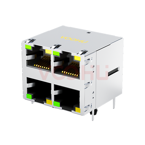SYT22Q042DB2A4D068  90&deg; 侧面插入  2*2 开口朝上/下 100/1000M LED G/Y DIP 带弹片  RJ45