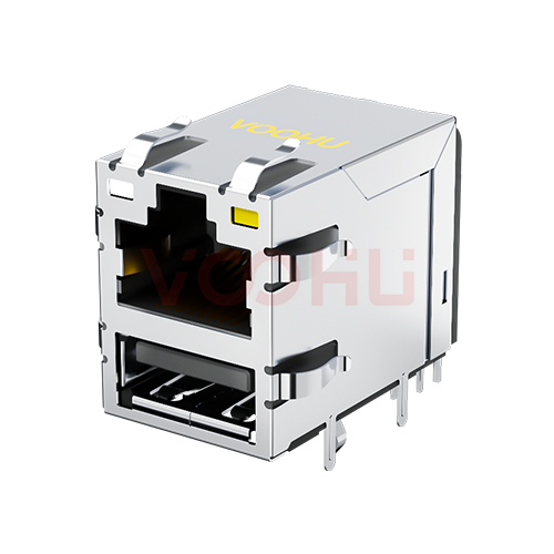 SYT611Q008DF5WD009 90&deg; 侧面插入 1*1 开口朝上 100/1000M  LED GO/Y DIP RJ45+USB