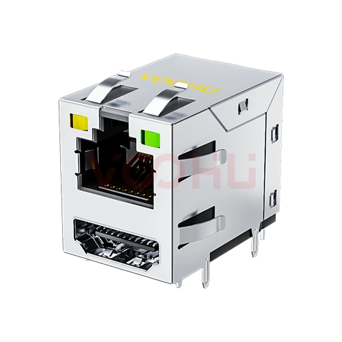 SYTRH1188DB1A1DB1080 90&deg; 侧面插入 1*1 开口朝上 Y/G DIP RJ45+HDMI