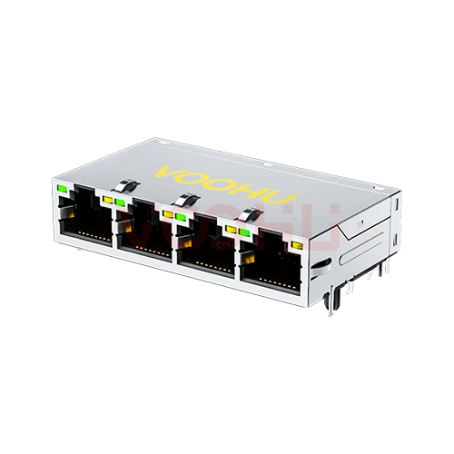 SYT414Q199DB2A2DP057 90&deg; 侧面插入 1*4 开口朝上 POE720mA G/Y 100/1000M DIP RJ45