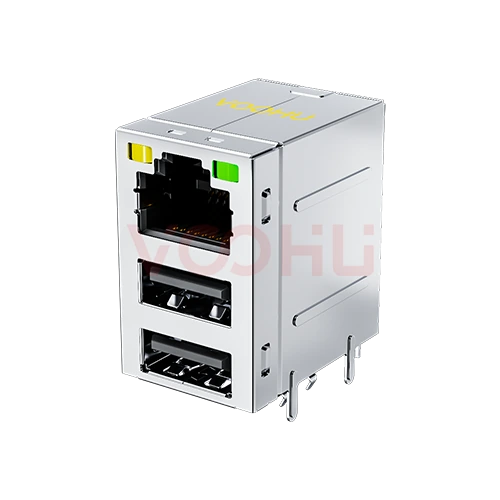 SYTRU231188AB1WDB1162 90&deg; 侧面插入 1*1 开口朝上 Y/G DIP RJ45+USB