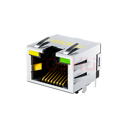 SYT60S1188DB1A6DY1008  90&deg; 侧面插入 1*1 8P8C 带灯带弹 开口朝上  低高度RJ45网络接口