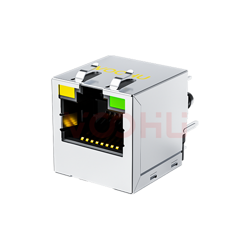 SYT511Q106DA1A8D 180&deg;立式 1*1 开口朝上 100/1000M  LED Y/G 带弹片  DIP RJ45