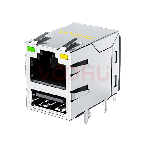 SYT611U2B101DB2WD 90&deg; 侧面插入 1*1  100BASE  LED G/Y DIP RJ45+USB2.0