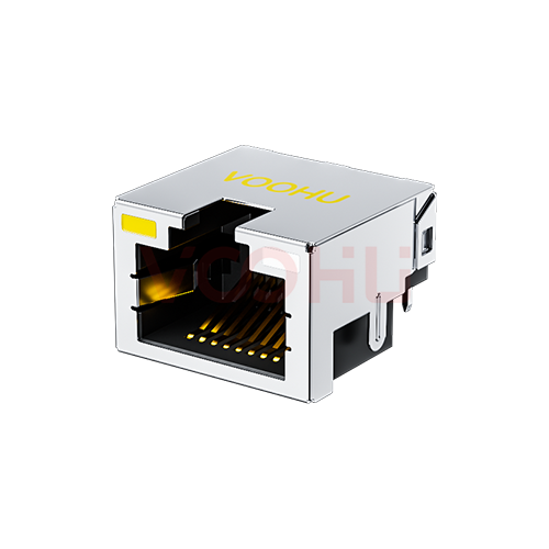 SYTCB421188AE5W6DB1075 90&deg; 侧面插入 1*1 开口朝上 沉板4.2 DIP带屏蔽带灯 左黄右白  沉板RJ45连接器
