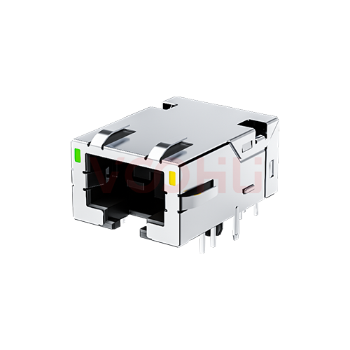 SYT1611Q002FB2A2DB1057 90&deg; 侧面插入 1*1 开口朝下 10G 有LED G/Y DIP RJ45（低高度）