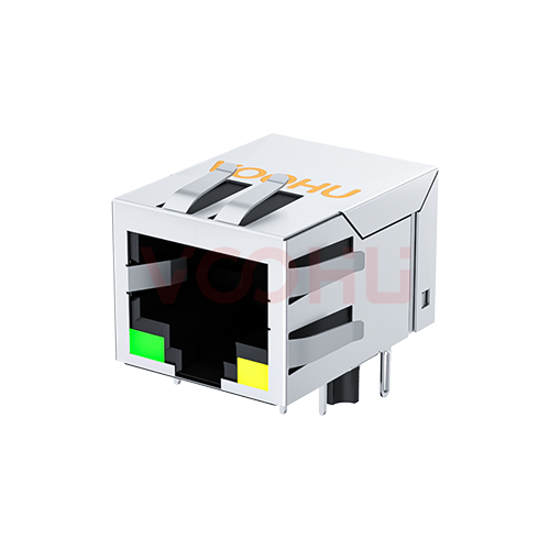 SYT111B074FA2A1D 90&deg; 侧面插入 1*1 开口朝下 10/100M  LED G/Y 带屏蔽带弹片 DIP RJ45