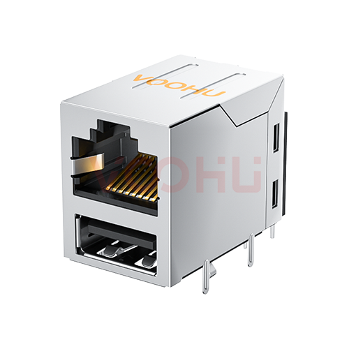 SYT611B099GWWD009(弯脚)  90&deg; 侧面插入 1*1 100BASE DIP RJ45+USB2.0
