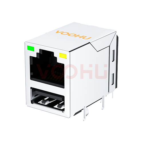 SYT611B101AB2WD  90&deg; 侧面插入 1*1 LED G/Y DIP RJ45+USB2.0 100BASE