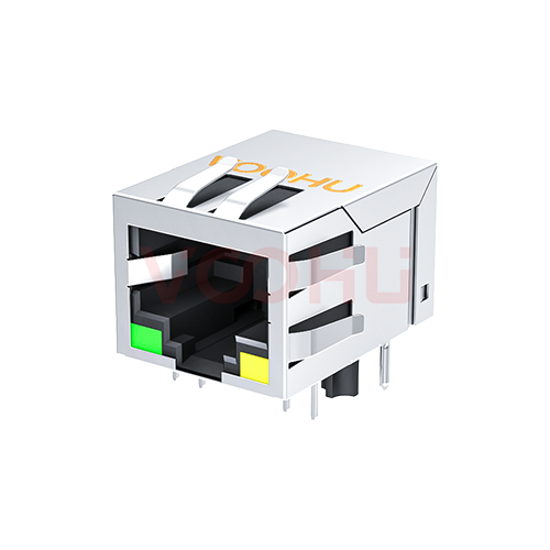 SYT111Q066EA2A1D 90&deg; 侧面插入 1*1 开口朝下 100/1000M  LED G/Y 带屏蔽带弹片 DIP RJ45