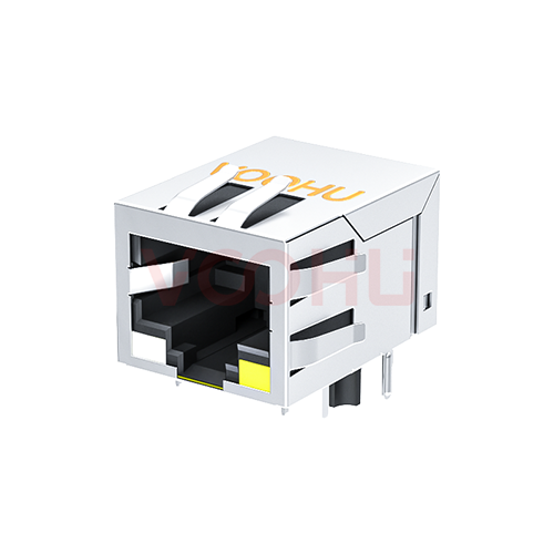 SYT111Q070FF5A1D 90&deg; 侧面插入 1*1 开口朝下 100/1000M  LED GO/Y 带屏蔽带弹片 DIP RJ45