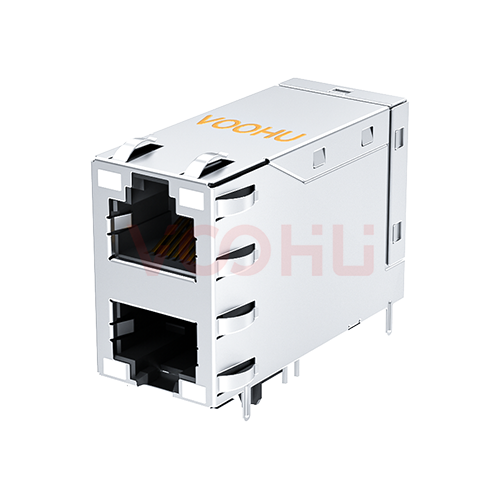 SYT21Q271DG1A2DPB1057  90&deg; 侧面插入 2X1 10G POE+ LED灯 带弹片 RJ45
