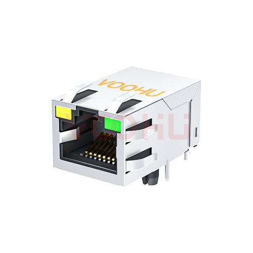 SYT311Q010DC1A4DHN  90&deg; 侧面插入 1*1 开口朝上 Y/G 100/1000M 带屏蔽带弹片 DIP RJ45