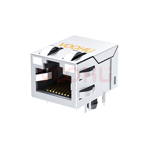 SYT211Q075FG1A4DZ 90&deg; 侧面插入 1*1 开口朝上 GY/GY 100/1000M 带屏蔽带弹片 DIP RJ45