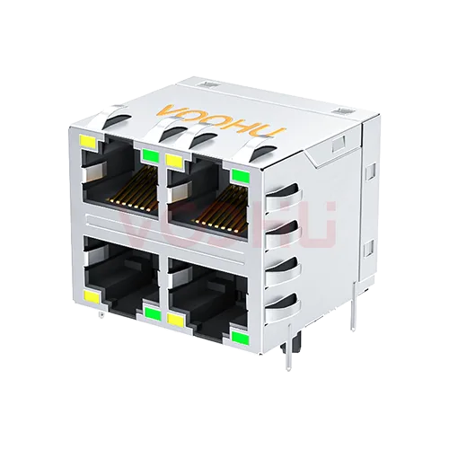 SYT22Q145DB1A2D057  90&deg; 侧面插入  2*2 开口朝上/下 LED Y/G  1000BASE 带弹片 DIP RJ45