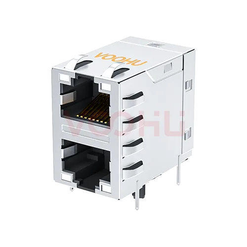 SYT21Q042DG1A2D057 90&deg; 侧面插入 2*1 开口朝上/下 1000BASE LED GY/GY 带屏蔽带弹片 DIP RJ45