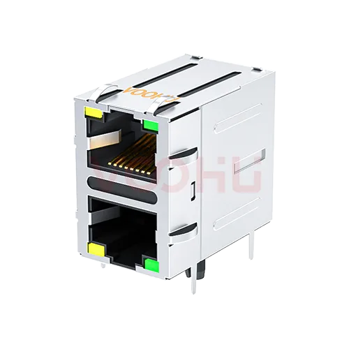 SYT21Q042DB1A4D068 90&deg; 侧面插入 2*1 开口朝上/下 LED Y/G 带屏蔽带弹片 DIP RJ45