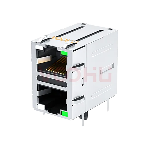 SYT21Q042DF3A5D068 90&deg; 侧面插入 2*1 开口朝上/下 1000BASE LED GY/G 带屏蔽带弹片 DIP RJ45