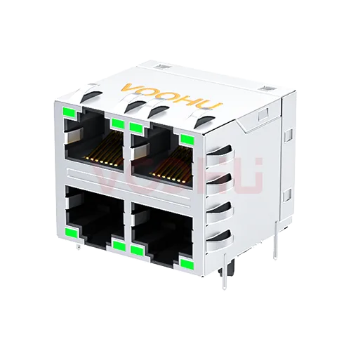 SYT22Q042DB3A2D057  90&deg; 侧面插入  2*2 开口朝上/下 100/1000M LED G/G DIP 带弹片  RJ45