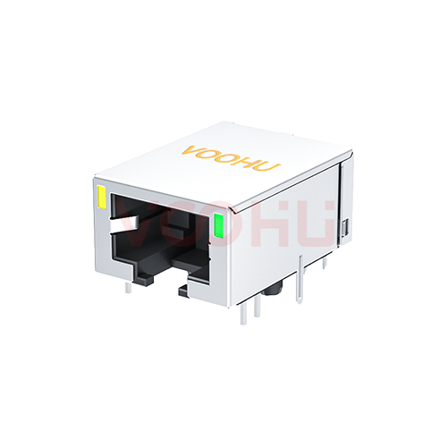 SYT1611Q008CA1A10DB  90&deg; 侧面插入 1*1 开口朝下 Y/G 1000BASE DIP RJ45 (低高度)